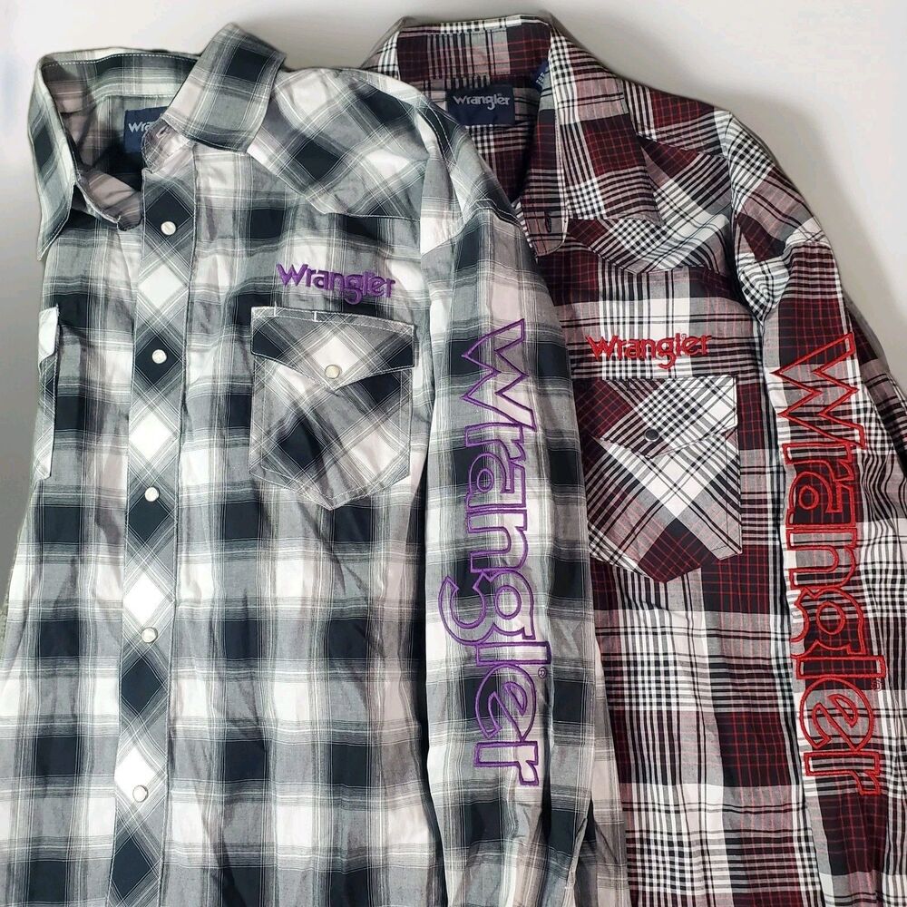 Lot Of 2 Wrangler Western Pearl Snap Shirt Men’s XL Cowboy Spell Out Embroidered